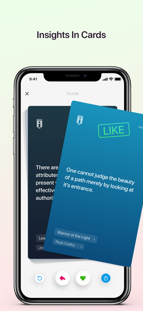 Instaread mobile app interface showing the Insights In Cards feature with a book quote on a blue card.