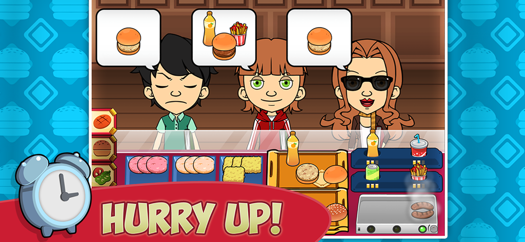 My Burger Shop: Fast Food Game - Clientes en el mostrador de una hamburguesería con pedidos de comida y un mensaje de prisa.