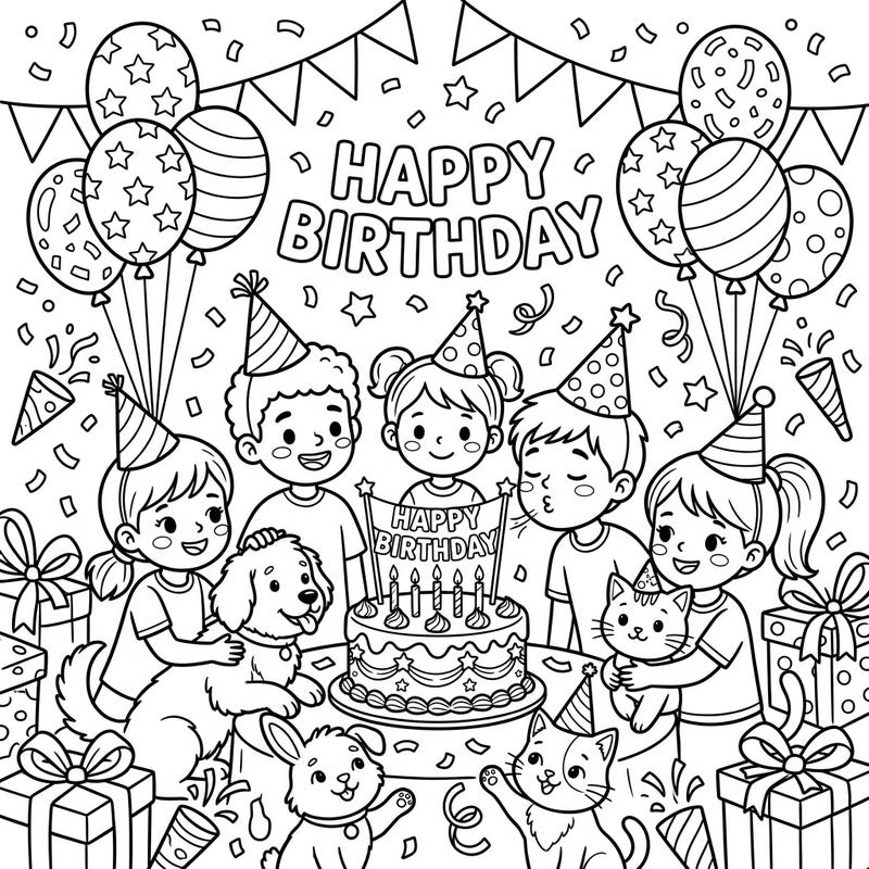 Dive into a delightful birthday celebration with this enchanting coloring page, showcasing happy kids and their beloved animal companions. This festive scene is brimming with party hats, balloons, and cake, perfect for bringing vibrant colors to life.