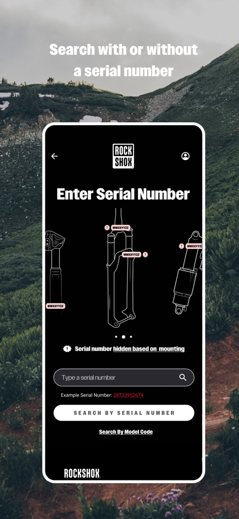 RockShox TrailHead app screen showing how to find and enter a suspension serial number for custom tuning.