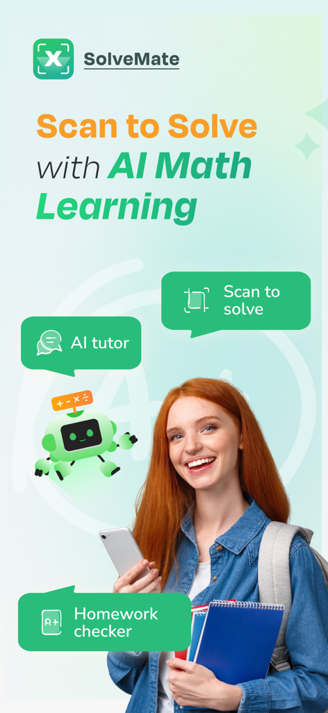 AI Math Solver App - SolveMate - A student holding a phone and notebooks with SolveMate app features for AI math solving and homework checking.