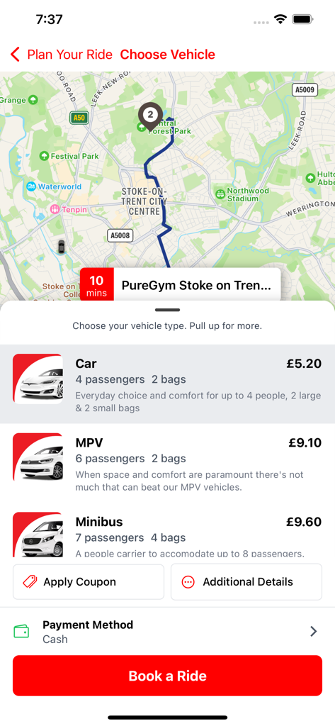 Lucky Seven Taxis app screen showing vehicle options including car, MPV, and minibus with booking prices and map view