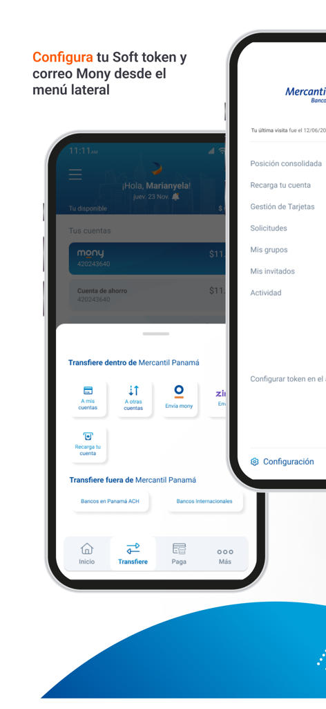 Mercantil Banco Panamá - Mercantil Banco Panama mobile app screens showing money transfer options and side navigation menu