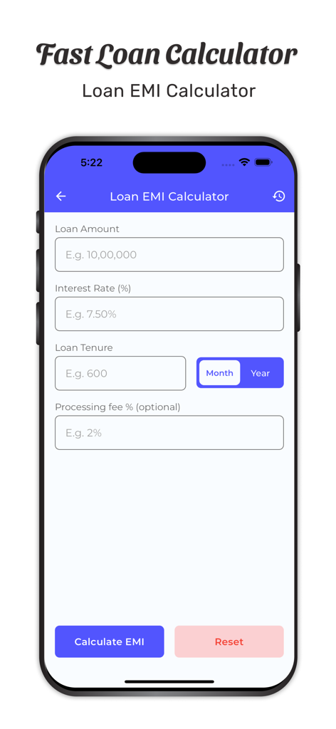 Interface of Fast Loan Calculator app showing input fields for loan amount, interest rate, and tenure to calculate EMI.
