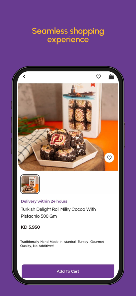 SOOOQ - For a Life Full of Joy - SOOOQ mobile app displaying a product page for Turkish Delight with price and add to cart button