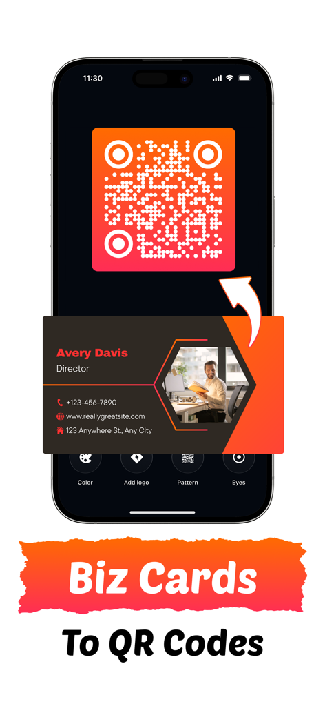 QRBot: QR Code Maker + Barcode - iPhone screen showing the conversion of a professional business card into a custom branded QR code