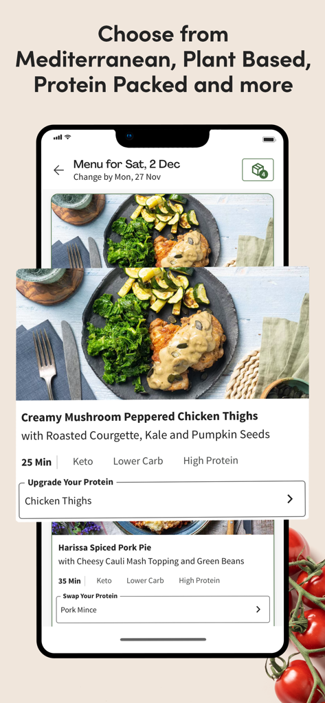 Green Chef app interface showing healthy meal options with keto and high protein dietary tags