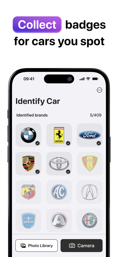 Car Identifier: CarSnap - CarSnap app screen showing identified car brand logos as collectible badges