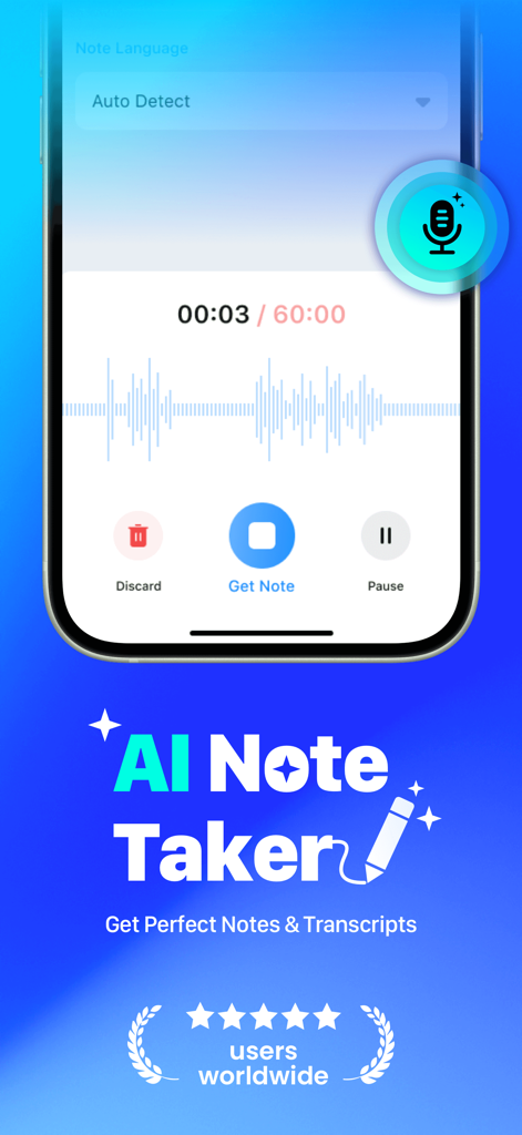 AI Meeting Notes: Auto Summary - AIノートテイクアプリのインターフェース。ライブ音声録音が表示され、音声を文字起こし・要約するオプションがあります。