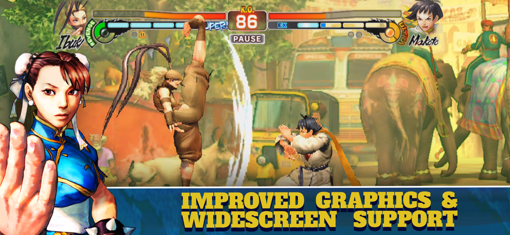 Street Fighter IV CE - Street Fighter IV CE mobile gameplay screenshot featuring characters fighting in an Indian stage with widescreen support text