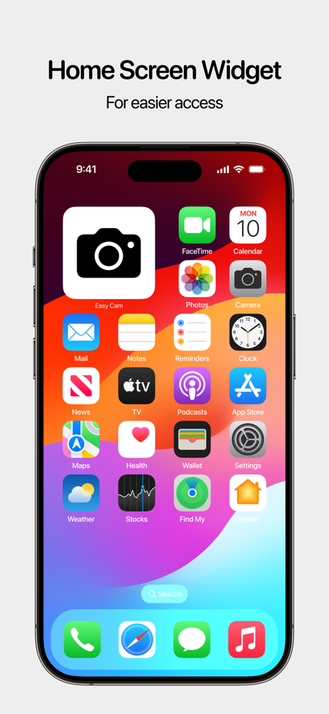 A large Easy Cam camera widget displayed on an iPhone home screen for quick senior accessibility
