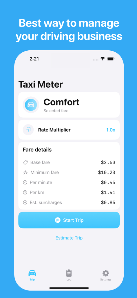 Taxi Meter - Cab Fares - Interfaz de la aplicación Taxi Meter mostrando los detalles de la tarifa para un viaje de confort, incluyendo la tarifa base y las tarifas por minuto.