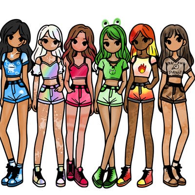 a group of girls wearing crop tops and shorts