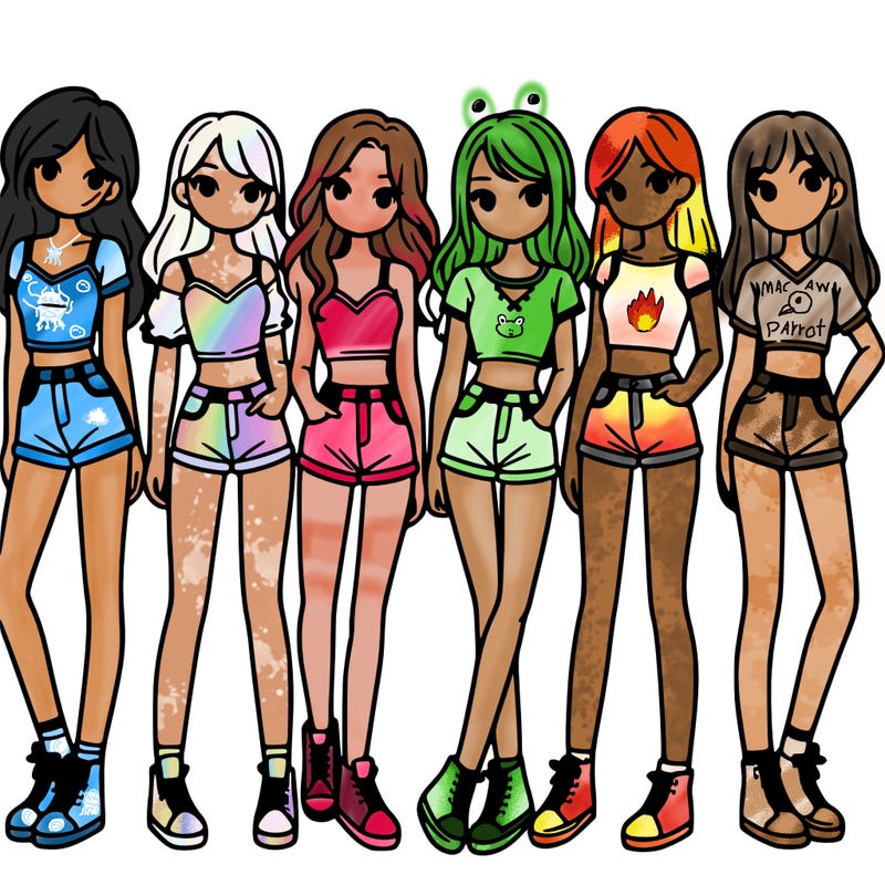 a group of girls wearing crop tops and shorts