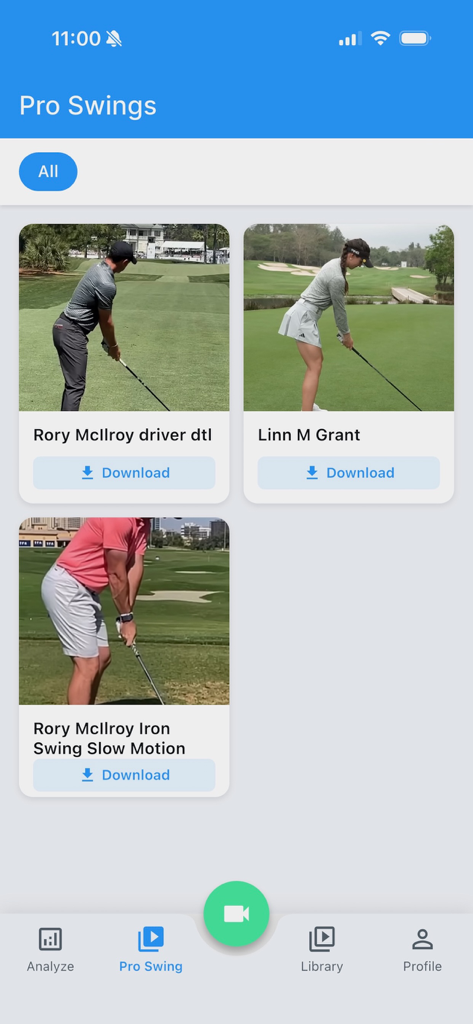 TOKTI - Video Analysis AI - TOKTI app screen showing a library of professional golf swings for video analysis