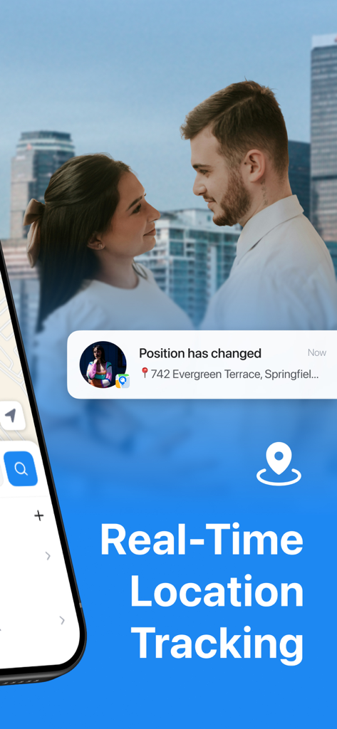 Phone Tracker - Share Location - Interfaz de la aplicación Rastreador de Teléfono mostrando una notificación de cambio de ubicación en tiempo real.
