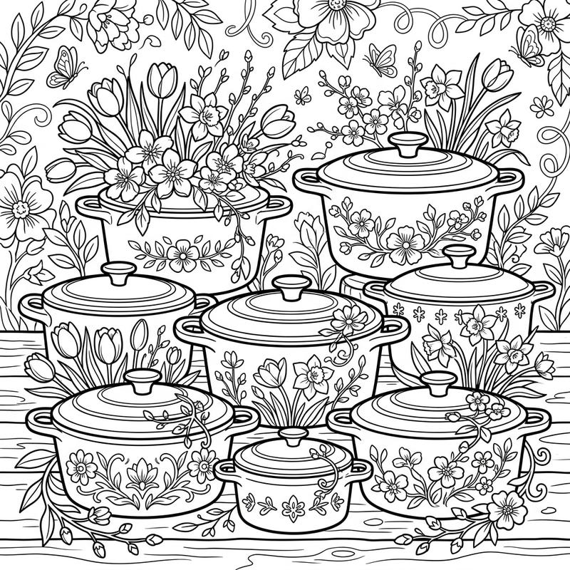 Celebrate the beauty of spring with this unique coloring page featuring charming Dutch ovens overflowing with seasonal blooms. Perfect for those who love detailed floral designs and a touch of kitchen whimsy.