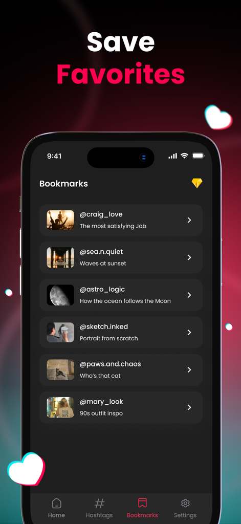 Tik Saverアプリのインターフェース。ブックマークされたソーシャルメディアビデオのリストを表示しています。