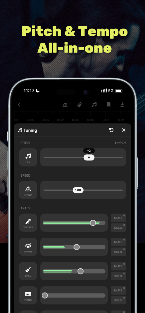Audio Jam - AI for musicians - Interfaz de la aplicación Audio Jam que muestra controles deslizantes de tono y velocidad junto con separación de pistas para voces e instrumentos