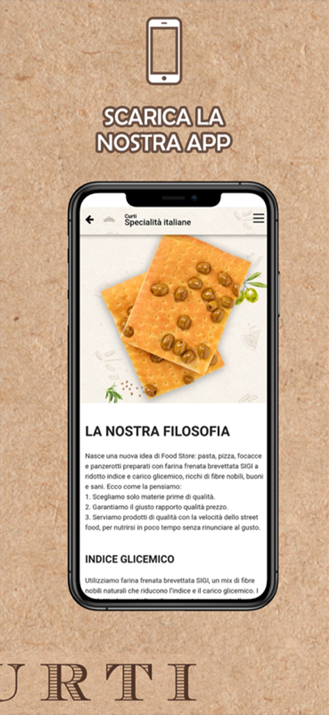 Curti - Tela do aplicativo Curti mostrando focaccia italiana e detalhes sobre a filosofia de alimentos de baixo índice glicêmico