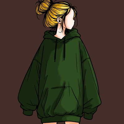 realistic girl with a oversized sweatshirt on and a bun