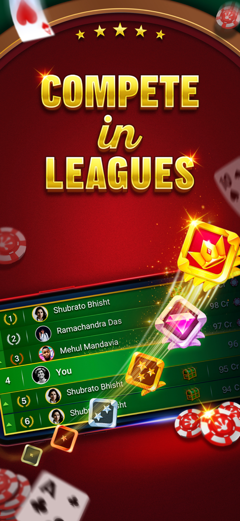 A leaderboard screen in the Teen Patti Gold app showing players competing in card game leagues