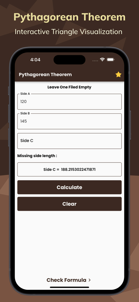 Pythagorean Theorem Calculate - iPhone-Bildschirm zeigt eine Satz des Pythagoras Berechnung für die fehlende Seitenlänge C