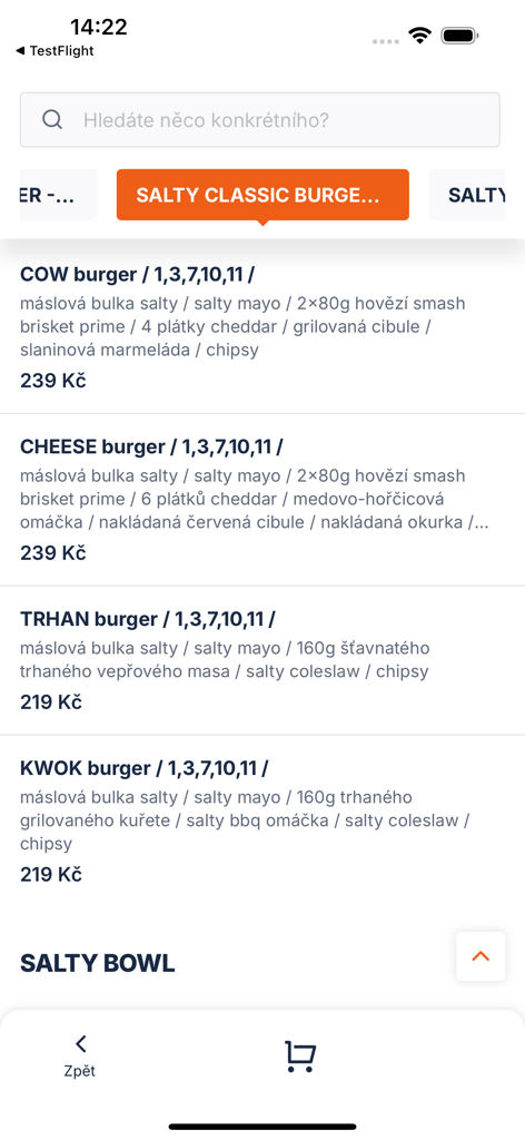Salty - Salty app burger menu screen featuring various burger options with ingredients and prices