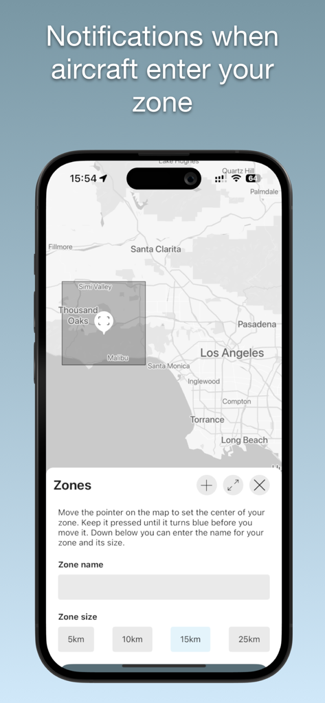 Ein Smartphone-Bildschirm mit der Waterbomber Wildfire Tracker App-Oberfläche zum Einrichten benutzerdefinierter Flugzeug-Benachrichtigungszonen auf einer Karte