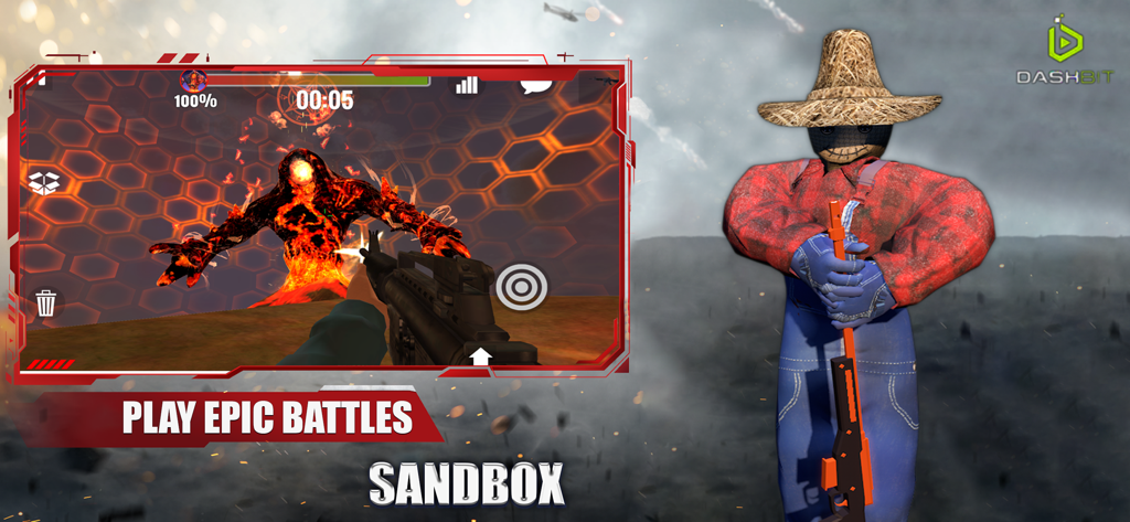 First-person gameplay of a battle against a fire monster in UMod Ultimate Sandbox Online.
