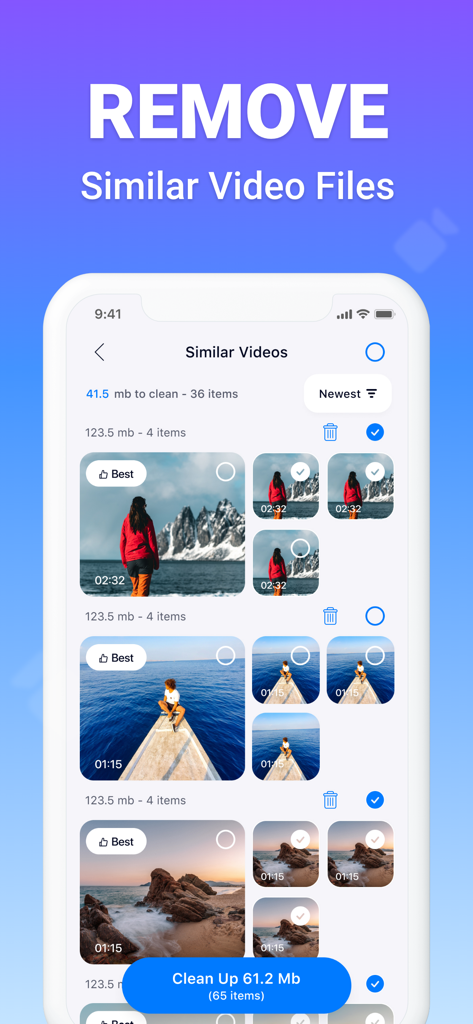 Delete duplicate photos - Wipe - Cleaner plus app interface showing grouped similar videos for deletion to free up storage