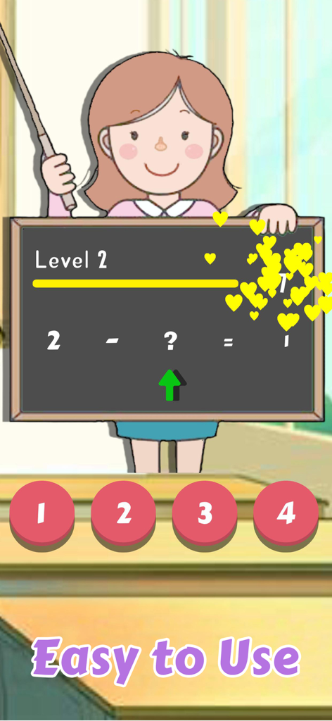 Math solver app interface showing a simple subtraction level with a teacher character and number buttons