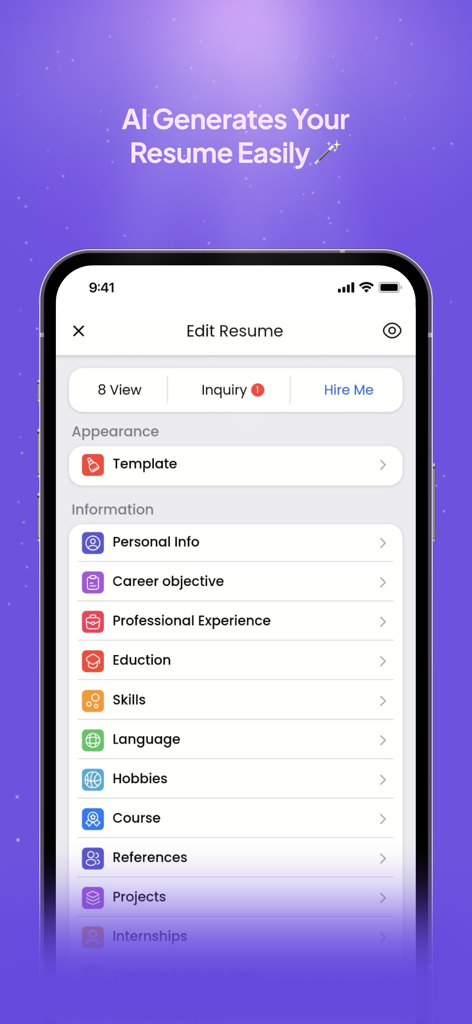 Mobile application interface for editing a resume with sections for career objectives and professional experience