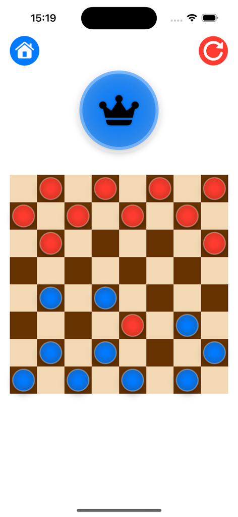 Un tablero de damas digital con piezas de juego rojas y azules y un icono de corona en la parte superior.