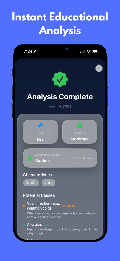 AI Cough Checker - A mobile app screen showing a completed cough analysis with details on cough type, severity, and potential causes like viral infection.