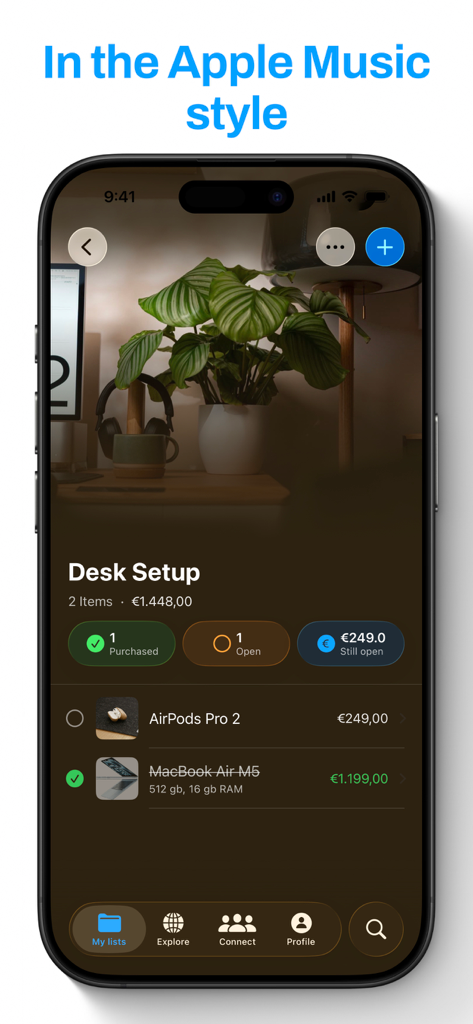 Wishlist – Share & Discover - A Desk Setup wishlist in the Wishlist app displaying tech products in a native iOS style.