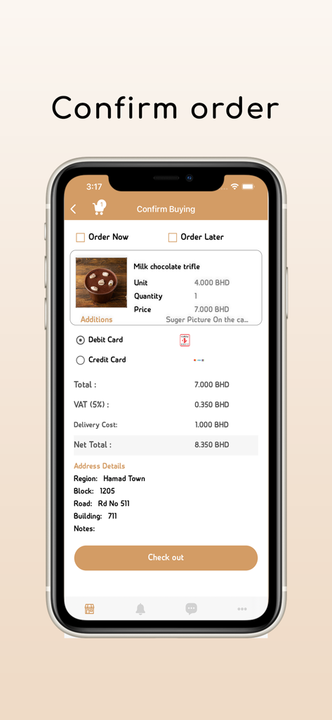 Almanar Bakery - Almanar Bakery app checkout screen displaying order summary for a chocolate trifle and delivery details