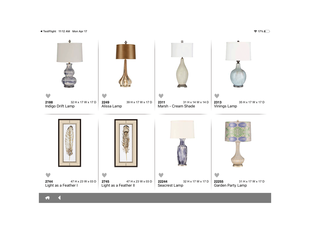 Paragon PG - Interfaz de iPad de la aplicación Paragon PG que muestra una selección de lámparas de diseñador y arte de pared