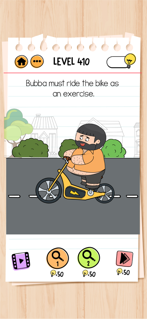 Screenshot of level 410 in Brain Test 2 showing Bubba riding a bicycle for exercise