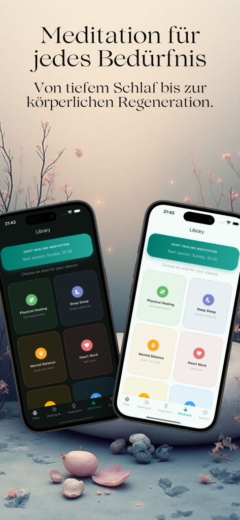 Meditation Gong - Interfaz de la aplicación Gong de Meditación mostrando categorías de meditación para dormir y sanación física.