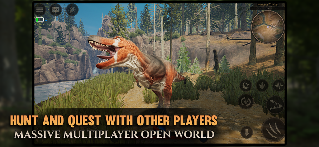 Path of Titans - A large dinosaur roaring in the Path of Titans multiplayer open world environment
