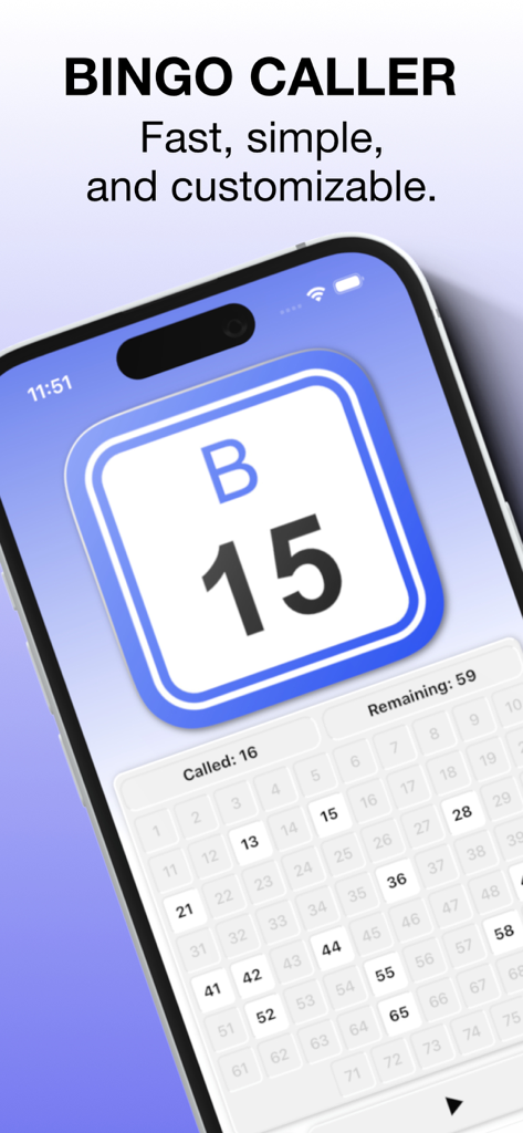 Bingo Go - Caller & Boards - Mobile app interface for Bingo Go showing the bingo caller feature with number B15