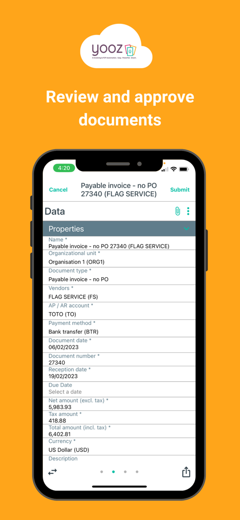 YoozMobile Rising - Mobile interface of YoozMobile Rising for reviewing and approving business invoices.