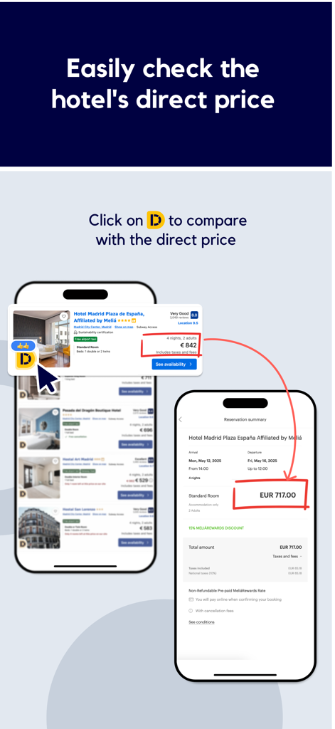 Directo extension - Comparison of hotel prices on a booking platform versus a direct hotel website using Directo extension