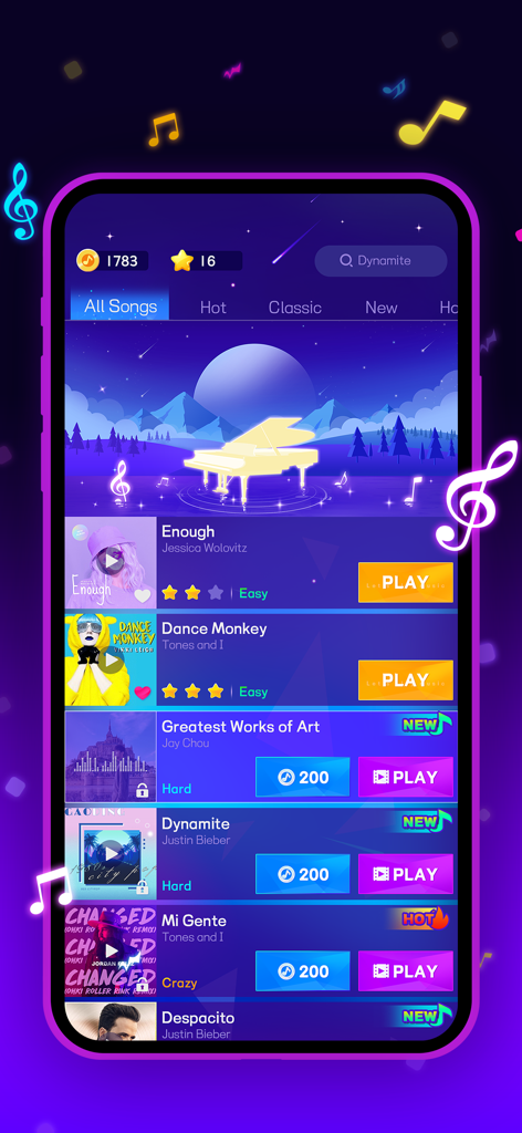 Song selection menu in Beat Piano Dance music game showing popular tracks and difficulty levels