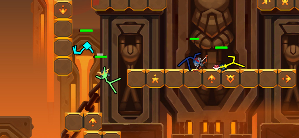 Supreme Duelist - Quatre personnages de stickman colorés s'affrontant dans une arène de bataille basée sur la physique avec un fond de lave et de pierre.