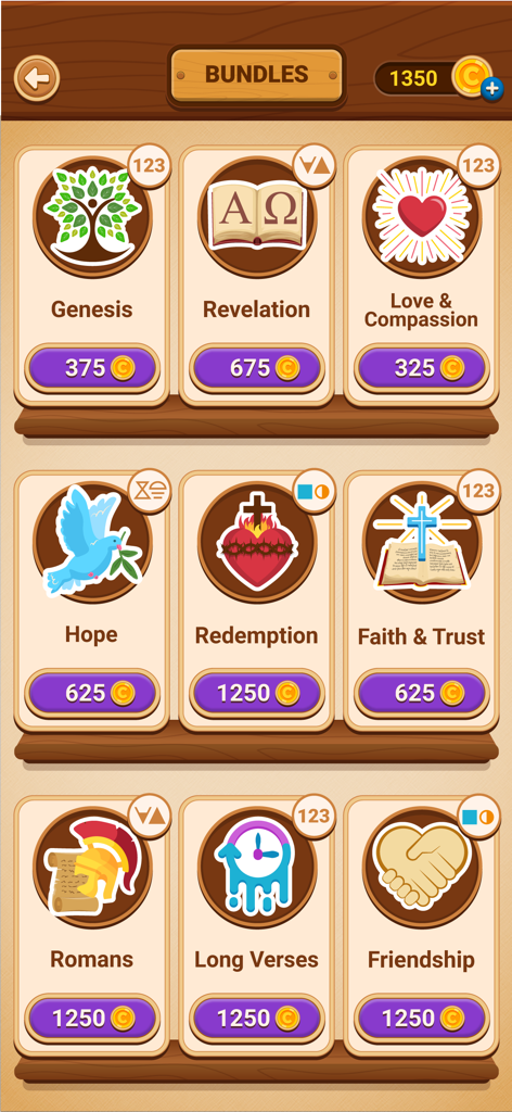 Cryptogram: Bible Code - A selection of Bible-themed puzzle bundles in the Cryptogram game, featuring categories like Genesis, Revelation, and Redemption.