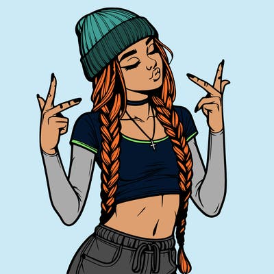 realistic teenage girl with braids and a beanie and crop top doing 🫶🏼