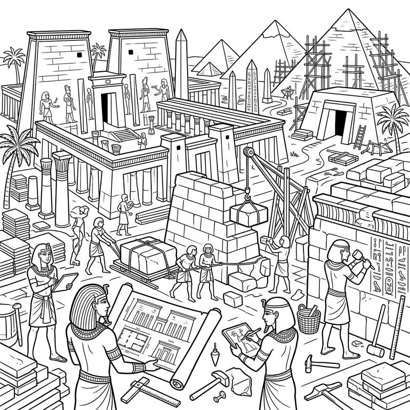 Explore the incredible world of ancient Egyptian construction with this intricate coloring page. Depicting architects, sculptors, and laborers, it offers a fascinating glimpse into how monumental structures like pyramids and temples were built.