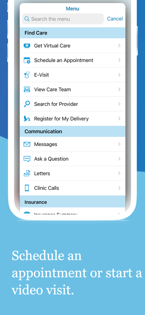 Sentara MyChart mobile app menu for scheduling appointments and virtual care
